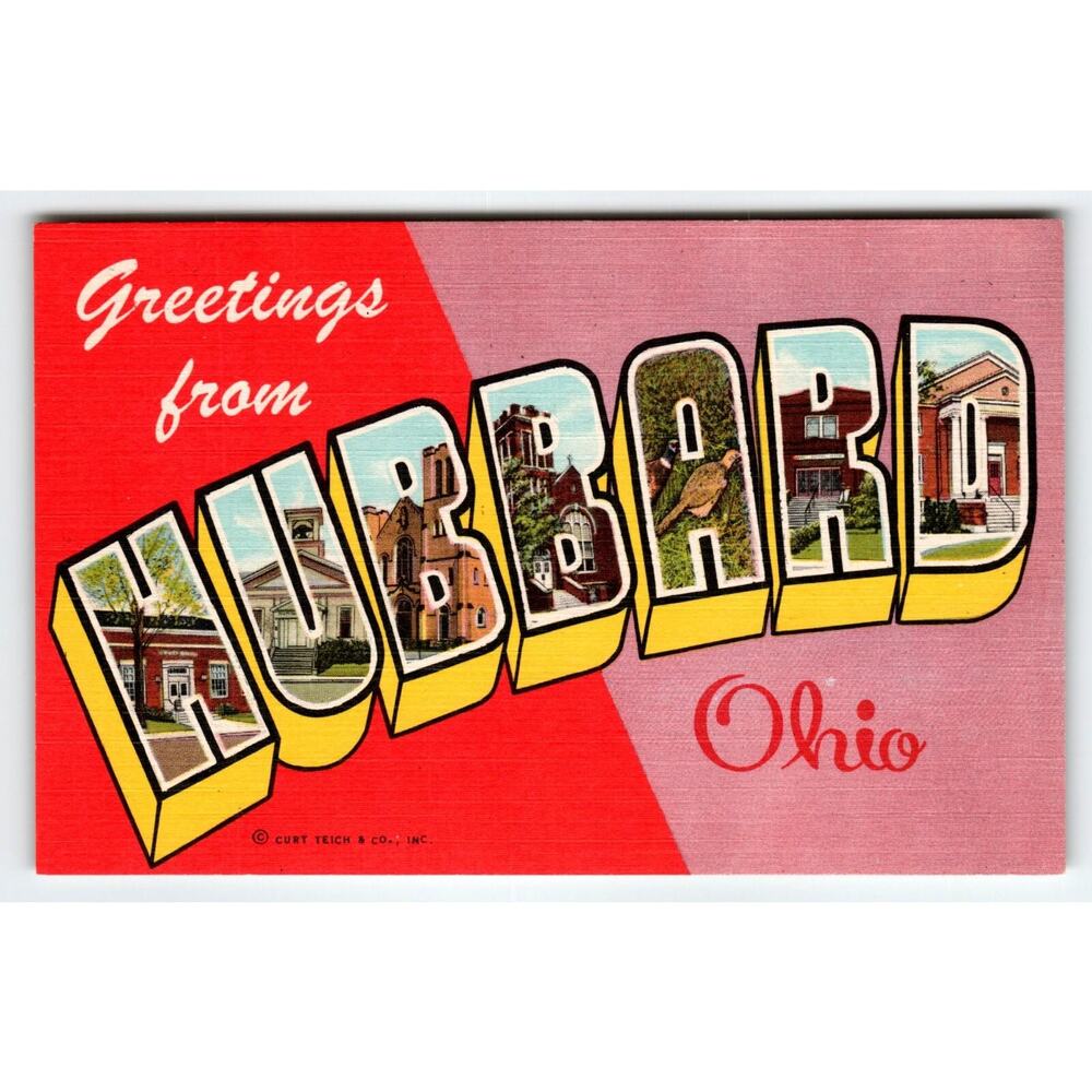 Greetings From Hubbard Ohio 1940s Large Letter City Postcard Linen Curt Teich